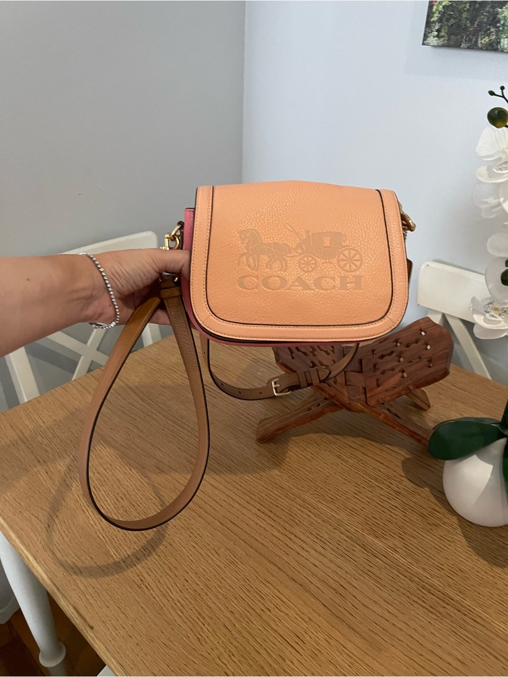 Coach Pebbled Leather Crossbody in Peach with Pink Trim